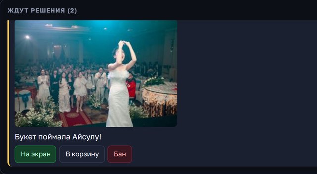 Пульт ведущего ЭФИР: фото гостя ждёт решения с кнопками «На экран», «В корзину», «Бан»